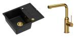 Quadron Unique Zlewozmywak granitowy jednokomorowy 62*50*22 cm z ociekaczem MORGAN 116 PURE CARBON z syfonem Push-2-Open w kolorze złotym z baterią ANGELINA Q LINE z wyciąganą wylewką kolor złoty-DARMOWA DOSTAWA