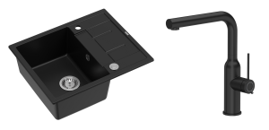Quadron Unique Zlewozmywak granitowy jednokomorowy 62*50*22 cm z ociekaczem MORGAN 116 PURE CARBON z syfonem Push-2-Open w kolorze stalowym z baterią ANGELINA Q LINE PURE CARBON z wyciąganą wylewką kolor czarny mat-DARMOWA DOSTAWA