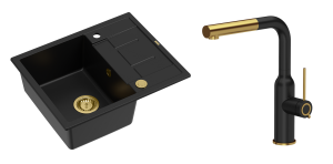 Quadron Unique Zlewozmywak granitowy jednokomorowy 62*50*22 cm z ociekaczem MORGAN 116 PURE CARBON z syfonem Push-2-Open w kolorze złotym z baterią ANGELINA  Q LINE PURE CARBON z wyciąganą wylewką kolor czarny mat/wykończenie złote-DARMOWA DOSTAWA