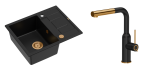 Quadron Unique Zlewozmywak granitowy jednokomorowy 62*50*22 cm z ociekaczem MORGAN 116 PURE CARBON z syfonem Push-2-Open w kolorze miedzianym z baterią ANGELINA Q LINE PURE CARBON z wyciąganą wylewką kolor czarny mat/wykończenie miedź-DARMOWA DOSTAWA