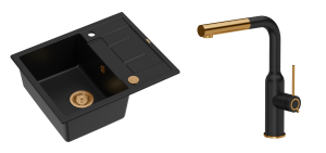 Quadron Unique Zlewozmywak granitowy jednokomorowy 62*50*22 cm z ociekaczem MORGAN 116 PURE CARBON z syfonem Push-2-Open w kolorze miedzianym z baterią ANGELINA Q LINE PURE CARBON z wyciąganą wylewką kolor czarny mat/wykończenie miedź-DARMOWA DOSTAWA