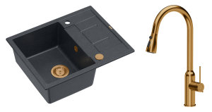 Quadron Unique Zlewozmywak granitowy jednokomorowy 62*50*22 cm z ociekaczem MORGAN 116 BLACK DIAMOND z syfonem Push-2-Open w kolorze miedzianym z baterią JESSICA Q LINE z wyciąganą wylewką i funkcją prysznica kolor miedziany-DARMOWA DOSTAWA