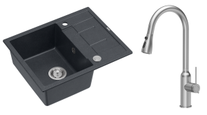 Quadron Unique Zlewozmywak granitowy jednokomorowy 62*50*22 cm z ociekaczem MORGAN 116 BLACK DIAMOND z syfonem Push-2-Open w kolorze stalowym z baterią JESSICA Q LINE z wyciąganą wylewką i funkcją prysznica kolor stal szczotkowana-DARMOWA DOSTAWA