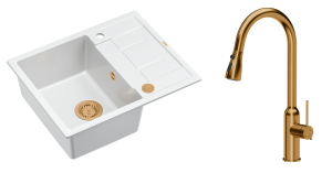 Quadron Unique Zlewozmywak granitowy jednokomorowy 62*50*22 cm z ociekaczem MORGAN 116 SNOW WHITE z syfonem Push-2-Open w kolorze miedzianym z baterią JESSICA Q LINE z wyciąganą wylewką i funkcją prysznica kolor miedziany-DARMOWA DOSTAWA