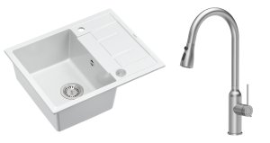 Quadron Unique Zlewozmywak granitowy jednokomorowy 62*50*22 cm z ociekaczem MORGAN 116 SNOW WHITE z syfonem Push-2-Open w kolorze stalowym z baterią JESSICA Q LINE z wyciąganą wylewką i funkcją prysznica kolor stal szczotkowana-DARMOWA DOSTAWA