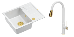 Quadron Unique Zlewozmywak granitowy jednokomorowy 62*50*22 cm z ociekaczem MORGAN 116 SNOW WHITE z syfonem Push-2-Open w kolorze złotym z baterią JESSICA Q LINE SNOW WHITE z wyciąganą wylewką i funkcją prysznica kolor biały mat/złoty-DARMOWA DOSTAWA