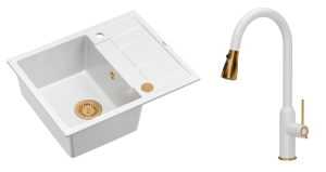 Quadron Unique Zlewozmywak granitowy jednokomorowy 62*50*22 cm z ociekaczem MORGAN 116 SNOW WHITE z syfonem Push-2-Open w kolorze miedzianym z baterią JESSICA Q LINE SNOW WHITE z wyciąganą wylewką i funkcją prysznica kolor biały mat/miedź-DARMOWA DOSTAWA