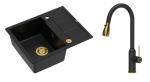 Quadron Unique Zlewozmywak granitowy jednokomorowy 62*50*22 cm z ociekaczem MORGAN 116 PURE CARBON z syfonem Push-2-Open w kolorze złotym z baterią JESSICA Q LINE PURE CARBON z wyciąganą wylewką i funkcją prysznica kolor czarny mat/złoty-DARMOWA DOSTAWA