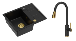 Quadron Unique Zlewozmywak granitowy jednokomorowy 62*50*22 cm z ociekaczem MORGAN 116 PURE CARBON z syfonem Push-2-Open w kolorze złotym z baterią JESSICA Q LINE PURE CARBON z wyciąganą wylewką i funkcją prysznica kolor czarny mat/złoty-DARMOWA DOSTAWA