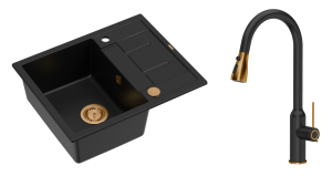 Quadron Unique Zlewozmywak granitowy jednokomorowy 62*50*22 cm z ociekaczem MORGAN 116 PURE CARBON z syfonem Push-2-Open w kolorze miedzianym z baterią JESSICA Q LINE PURE CARBON z wyciąganą wylewką i funkcją prysznica czarny mat/miedź-DARMOWA DOSTAWA
