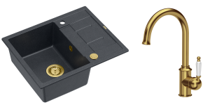 Quadron Unique Zlewozmywak granitowy jednokomorowy 62*50*22 cm z ociekaczem MORGAN 116 BLACK DIAMOND z syfonem Push-2-Open w kolorze złotym z baterią RACHEL kolor złoty-DARMOWA DOSTAWA