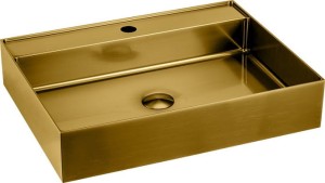 SAPHO Umywalka nablatowa AURUM prostokątna ze stali nierdzewnej szczotkowanej z otworem na baterię z korkiem klik-klak 55x42x11 cm kolor ZŁOTY MAT AU202