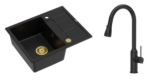 Quadron Unique Zlewozmywak granitowy jednokomorowy 62*50*22 cm z ociekaczem MORGAN 116 PURE CARBON z syfonem Push-2-Open w kolorze złotym z baterią JESSICA Q LINE PURE CARBON z wyciąganą wylewką i funkcją prysznica kolor czarny mat-DARMOWA DOSTAWA