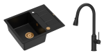 Quadron Unique Zlewozmywak granitowy jednokomorowy 62*50*22 cm z ociekaczem MORGAN 116 PURE CARBON z syfonem Push-2-Open w kolorze miedzianym z baterią JESSICA Q LINE PURE CARBON z wyciąganą wylewką i funkcją prysznica czarny mat-DARMOWA DOSTAWA