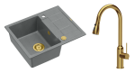 Quadron Unique Zlewozmywak granitowy jednokomorowy 62*50*22 cm z ociekaczem MORGAN 116 SILVER STONE z syfonem Push-2-Open w kolorze złotym z baterią JESSICA Q LINE z wyciąganą wylewką i funkcją prysznica kolor złoty-DARMOWA DOSTAWA