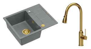 Quadron Unique Zlewozmywak granitowy jednokomorowy 62*50*22 cm z ociekaczem MORGAN 116 SILVER STONE z syfonem Push-2-Open w kolorze złotym z baterią JESSICA Q LINE z wyciąganą wylewką i funkcją prysznica kolor złoty-DARMOWA DOSTAWA