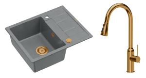 Quadron Unique Zlewozmywak granitowy jednokomorowy 62*50*22 cm z ociekaczem MORGAN 116 SILVER STONE z syfonem Push-2-Open w kolorze miedzianym z baterią JESSICA Q LINE z wyciąganą wylewką i funkcją prysznica kolor miedziany-DARMOWA DOSTAWA