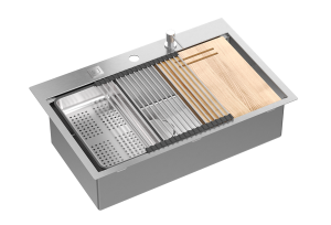 Quadron Unique Zlewozmywak stalowy jednokomorowy 76*49*21 cm BURT Workstation SteelQ + syfon Push-2-Open save space w kolorze stalowym + deska + wkładka ociekowa + rollmata + dozownik + nakładka na odpływ-DARMOWA DOSTAWA