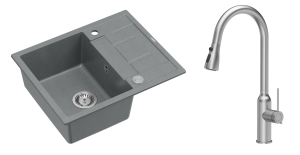 Quadron Unique Zlewozmywak granitowy jednokomorowy 62*50*22 cm z ociekaczem MORGAN 116 SILVER STONE z syfonem Push-2-Open w kolorze stalowym z baterią JESSICA Q LINE z wyciąganą wylewką i funkcją prysznica kolor stal szczotkowana-DARMOWA DOSTAWA