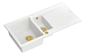 Quadron Unique Zlewozmywak granitowy półtorakomorowy 100*50*21/16 cm  z ociekaczem EVAN 156 GRANITEQ  SNOW WHITE z syfonem Push-2-Open w kolorze złotym-DARMOWA DOSTAWA