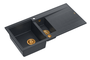 Quadron Unique Zlewozmywak granitowy półtorakomorowy 100*50*21/16 cm  z ociekaczem EVAN 156 GRANITEQ BLACK DIAMOND z syfonem Push-2-Open w kolorze miedzianym-DARMOWA DOSTAWA