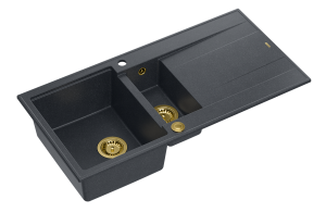 Quadron Unique Zlewozmywak granitowy półtorakomorowy 100*50*21/16 cm  z ociekaczem EVAN 156 GRANITEQ BLACK DIAMOND z syfonem Push-2-Open w kolorze złotym-DARMOWA DOSTAWA