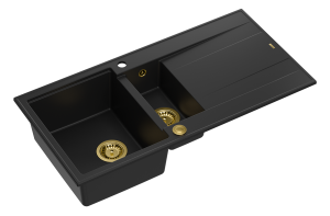Quadron Unique Zlewozmywak granitowy półtorakomorowy 100*50*21/16 cm  z ociekaczem EVAN 156 GRANITEQ PURE CARBON z syfonem Push-2-Open w kolorze złotym-DARMOWA DOSTAWA