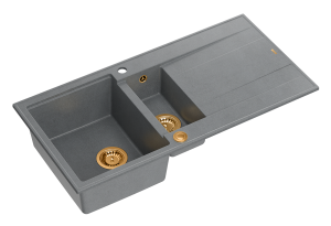 Quadron Unique Zlewozmywak granitowy półtorakomorowy 100*50*21/16 cm  z ociekaczem EVAN 156 GRANITEQ SILVER STONE z syfonem Push-2-Open w kolorze miedzianym-DARMOWA DOSTAWA