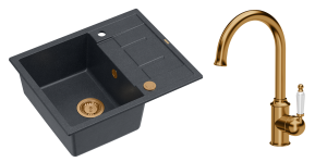 Quadron Unique Zlewozmywak granitowy jednokomorowy 62*50*22 cm z ociekaczem MORGAN 116 BLACK DIAMOND z syfonem Push-2-Open w kolorze miedzianym z baterią RACHEL kolor miedziany-DARMOWA DOSTAWA