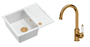 Quadron Unique Zlewozmywak granitowy jednokomorowy 62*50*22 cm z ociekaczem MORGAN 116 SNOW WHITE z syfonem Push-2-Open w kolorze miedzianym z baterią RACHEL kolor miedziany-DARMOWA DOSTAWA