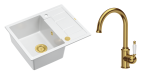 Quadron Unique Zlewozmywak granitowy jednokomorowy 62*50*22 cm z ociekaczem MORGAN 116 SNOW WHITE z syfonem Push-2-Open w kolorze złotym z baterią RACHEL kolor złoty-DARMOWA DOSTAWA