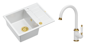Quadron Unique Zlewozmywak granitowy jednokomorowy 62*50*22 cm z ociekaczem MORGAN 116 SNOW WHITE z syfonem Push-2-Open w kolorze złotym z baterią RACHEL SNOW WHITE kolor biały mat/wykończenie złote-DARMOWA DOSTAWA