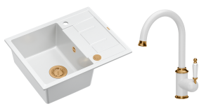 Quadron Unique Zlewozmywak granitowy jednokomorowy 62*50*22 cm z ociekaczem MORGAN 116 SNOW WHITE z syfonem Push-2-Open w kolorze miedzianym z baterią RACHEL SNOW WHITE kolor biały mat/wykończenie miedź-DARMOWA DOSTAWA