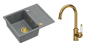 Quadron Unique Zlewozmywak granitowy jednokomorowy 62*50*22 cm z ociekaczem MORGAN 116 SILVER STONE z syfonem Push-2-Open w kolorze złotym z baterią RACHEL kolor złoty-DARMOWA DOSTAWA