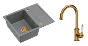 Quadron Unique Zlewozmywak granitowy jednokomorowy 62*50*22 cm z ociekaczem MORGAN 116 SILVER STONE z syfonem Push-2-Open w kolorze miedzianym z baterią RACHEL kolor miedziany-DARMOWA DOSTAWA