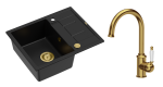 Quadron Unique Zlewozmywak granitowy jednokomorowy 62*50*22 cm z ociekaczem MORGAN 116 PURE CARBON z syfonem Push-2-Open w kolorze złotym z baterią RACHEL kolor złoty-DARMOWA DOSTAWA