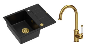 Quadron Unique Zlewozmywak granitowy jednokomorowy 62*50*22 cm z ociekaczem MORGAN 116 PURE CARBON z syfonem Push-2-Open w kolorze złotym z baterią RACHEL kolor złoty-DARMOWA DOSTAWA