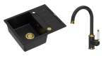 Quadron Unique Zlewozmywak granitowy jednokomorowy 62*50*22 cm z ociekaczem MORGAN 116 PURE CARBON z syfonem Push-2-Open w kolorze złotym z baterią RACHEL PURE CARBON kolor czarny mat/wykończenie złote-DARMOWA DOSTAWA