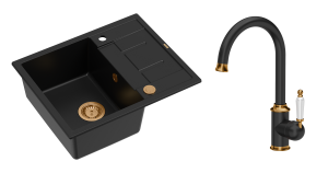 Quadron Unique Zlewozmywak granitowy jednokomorowy 62*50*22 cm z ociekaczem MORGAN 116 PURE CARBON z syfonem Push-2-Open w kolorze miedzianym z baterią RACHEL PURE CARBON kolor czarny mat/wykończenie miedź-DARMOWA DOSTAWA