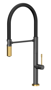 Quadron Unique Bateria zlewozmywakowa stalowa MARGOT T LINE GRAPHITE METAL z ruchomą wylewką kolor grafit/wykończenie złote/czarny wąż-DARMOWA DOSTAWA