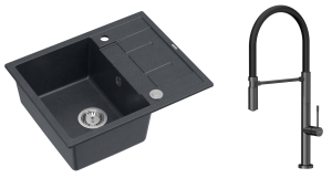 Quadron Unique Zlewozmywak granitowy jednokomorowy 62*50*22 cm z ociekaczem MORGAN 116 BLACK DIAMOND z syfonem Push-2-Open w kolorze stalowym z baterią MARGOT T LINE GRAPHITE METAL z ruchomą wylewką kolor grafit/czarny wąż-DARMOWA DOSTAWA