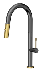 Quadron Unique Bateria zlewozmywakowa stalowa FELICITY T LINE GRAPHITE METAL z wyciąganą wylewką i funkcją prysznica kolor grafit/wykończenie złote-DARMOWA DOSTAWA