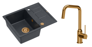 Quadron Unique Zlewozmywak granitowy jednokomorowy 62*50*22 cm z ociekaczem MORGAN 116 BLACK DIAMOND z syfonem Push-2-Open w kolorze miedzianym z baterią NATALIE Q LINE kolor miedziany-DARMOWA DOSTAWA