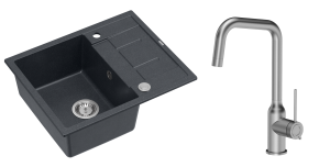 Quadron Unique Zlewozmywak granitowy jednokomorowy 62*50*22 cm z ociekaczem MORGAN 116 BLACK DIAMOND z syfonem Push-2-Open w kolorze stalowym z baterią NATALIE Q LINE kolor stal szczotkowana-DARMOWA DOSTAWA