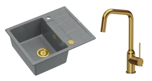 Quadron Unique Zlewozmywak granitowy jednokomorowy 62*50*22 cm z ociekaczem MORGAN 116 SILVER STONE z syfonem Push-2-Open w kolorze złotym z baterią NATALIE Q LINE kolor złoty-DARMOWA DOSTAWA