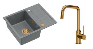 Quadron Unique Zlewozmywak granitowy jednokomorowy 62*50*22 cm z ociekaczem MORGAN 116 SILVER STONE z syfonem Push-2-Open w kolorze miedzianym z baterią NATALIE Q LINE kolor miedziany-DARMOWA DOSTAWA