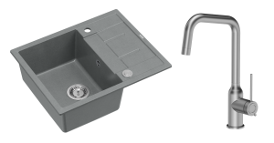 Quadron Unique Zlewozmywak granitowy jednokomorowy 62*50*22 cm z ociekaczem MORGAN 116 SILVER STONE z syfonem Push-2-Open w kolorze stalowym z baterią NATALIE Q LINE kolor stal szczotkowana-DARMOWA DOSTAWA