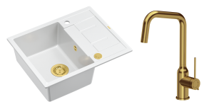 Quadron Unique Zlewozmywak granitowy jednokomorowy 62*50*22 cm z ociekaczem MORGAN 116 SNOW WHITE z syfonem Push-2-Open w kolorze złotym z baterią NATALIE Q LINE kolor złoty-DARMOWA DOSTAWA