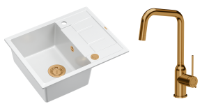 Quadron Unique Zlewozmywak granitowy jednokomorowy 62*50*22 cm z ociekaczem MORGAN 116 SNOW WHITE z syfonem Push-2-Open w kolorze miedzianym z baterią NATALIE Q LINE kolor miedziany-DARMOWA DOSTAWA