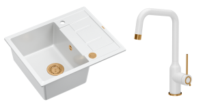 Quadron Unique Zlewozmywak granitowy jednokomorowy 62*50*22 cm z ociekaczem MORGAN 116 SNOW WHITE z syfonem Push-2-Open w kolorze miedzianym z baterią NATALIE Q LINE SNOW WHITE kolor biały mat/wykończenie miedź-DARMOWA DOSTAWA